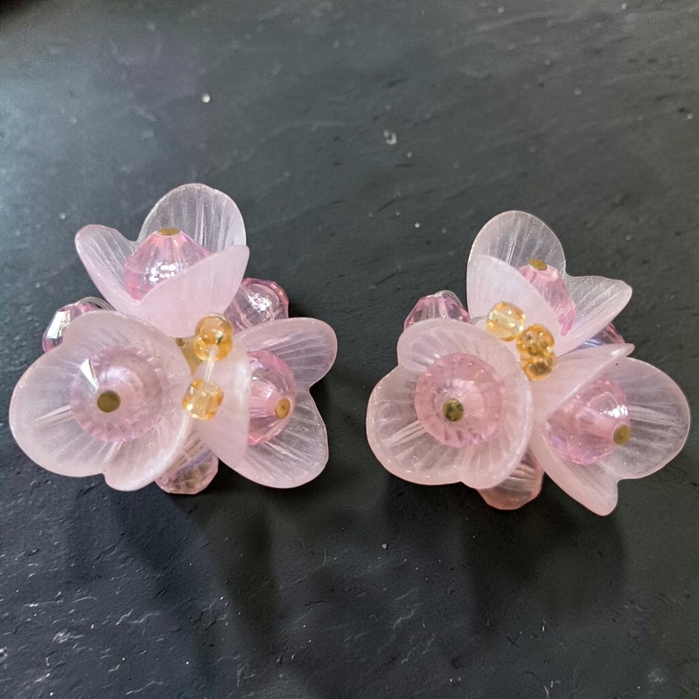 Vintage W Germany Pink Lucite Flower Cluster Clip On Earrings 1950s
